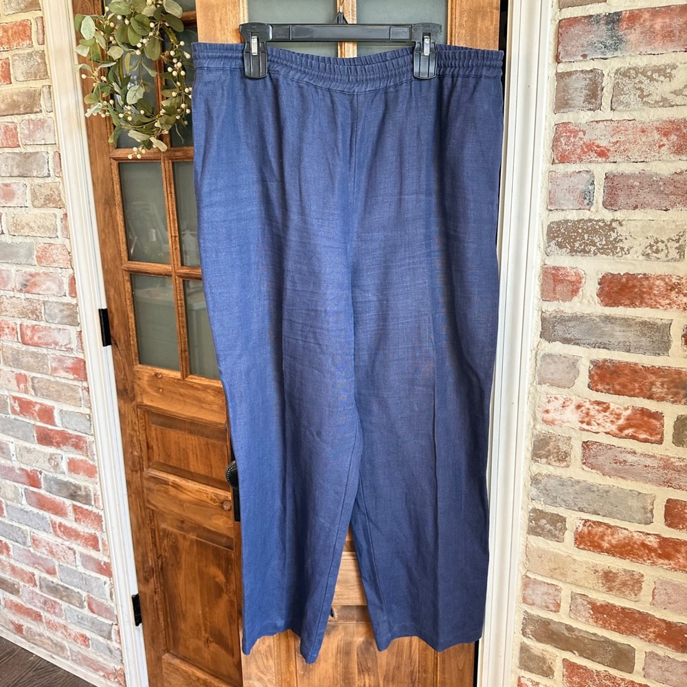 VTG Urban Works Linen‎ Pants Womens L Navy Elastic Waist Straight Leg High Rise